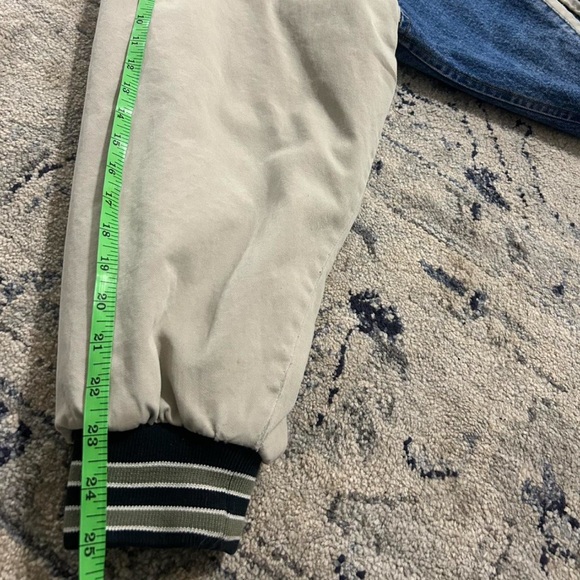 Vintage Denim Varsity Jacket with Beige Sleeves - Picture 8 of 8